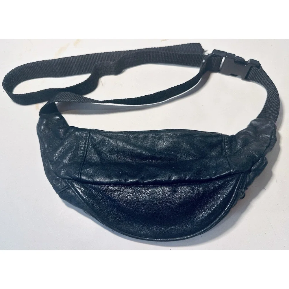 Vintage Black Leather Fanny Pack 80-90s Waist Bum Belly Bag 3 Pockets Adjustable